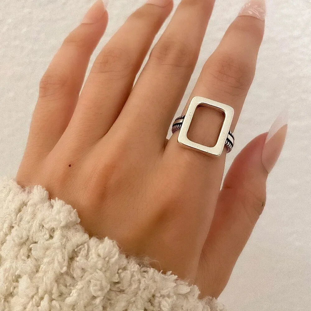 925 Sterling Silver Chunky Ring Rectangle Geometric Minimalist Ring - Picture 4 of 5